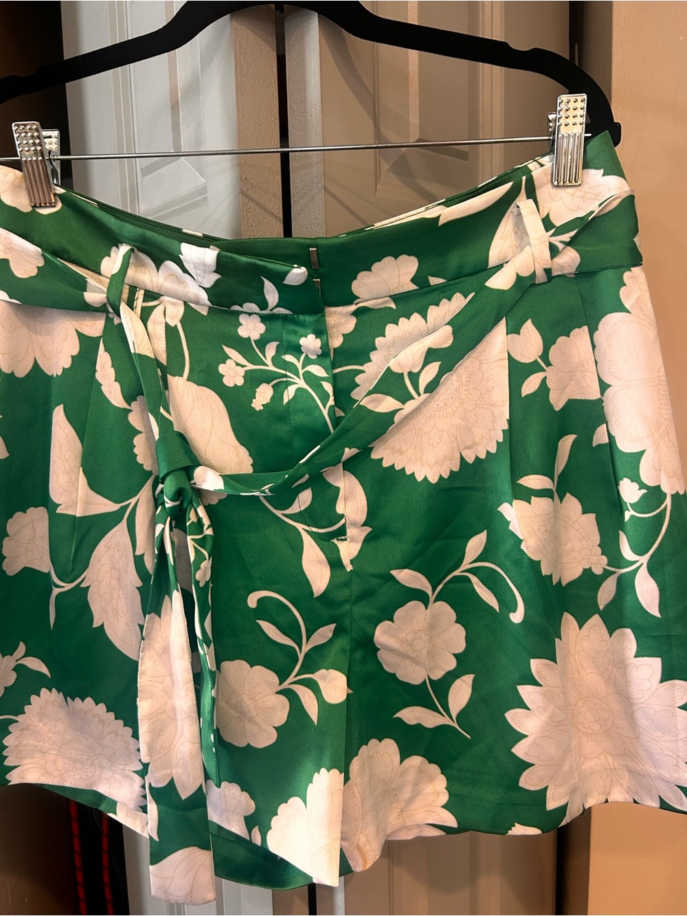 Green Floral silk shorts with White Bloom Print